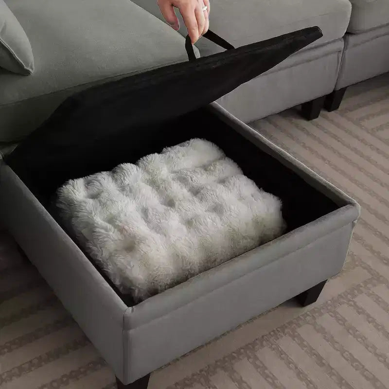 GDFStudio Lancelot 85 Inch Contemporary Chenille Upholstered L-Shaped Sectional Sofa with Storage Ottoman