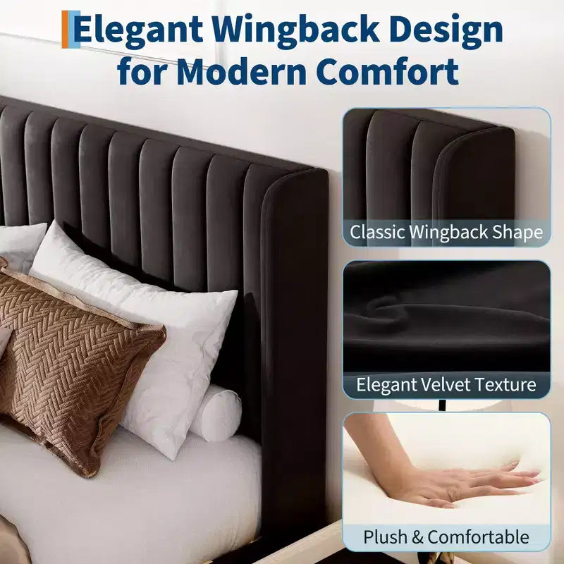 Velvet Upholstered Platform Bed Frame with Vertical Channel Tufted Wingback Headboard, Strong Wooden Slats Support, No Box Spring Needed
