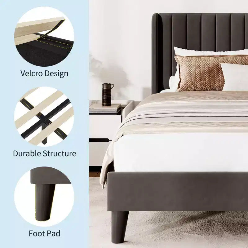 Velvet Upholstered Platform Bed Frame with Vertical Channel Tufted Wingback Headboard, Strong Wooden Slats Support, No Box Spring Needed