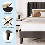 Velvet Upholstered Platform Bed Frame with Vertical Channel Tufted Wingback Headboard, Strong Wooden Slats Support, No Box Spring Needed