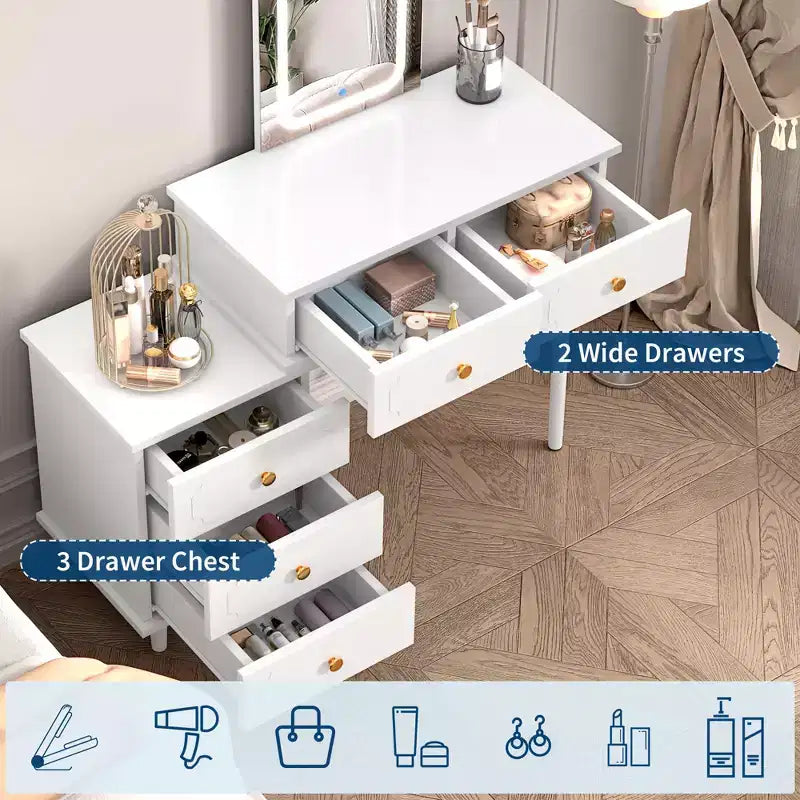 Makeup Vanity Desk with Mirror, Modern Vanity Table, 2 Drawers & Adjustable 3-Drawer Cabinet, for Bedroom