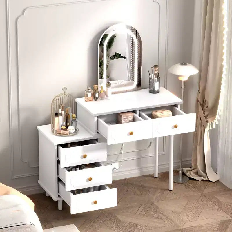 Makeup Vanity Desk with Mirror, Modern Vanity Table, 2 Drawers & Adjustable 3-Drawer Cabinet, for Bedroom