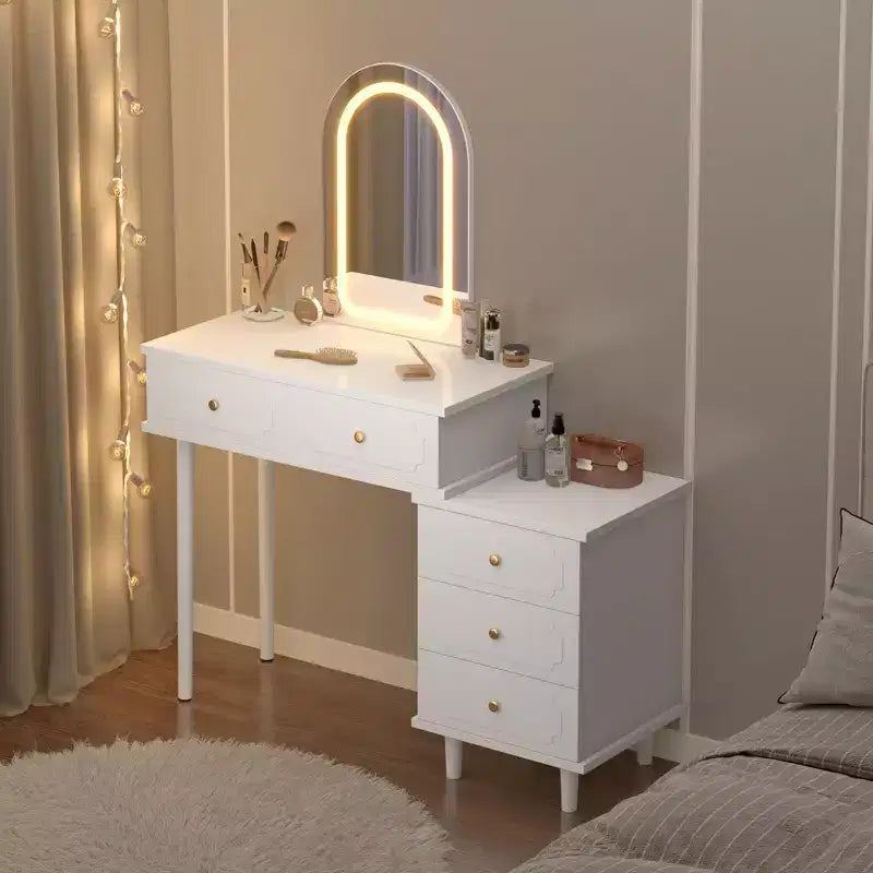 Makeup Vanity Desk with Mirror, Modern Vanity Table, 2 Drawers & Adjustable 3-Drawer Cabinet, for Bedroom