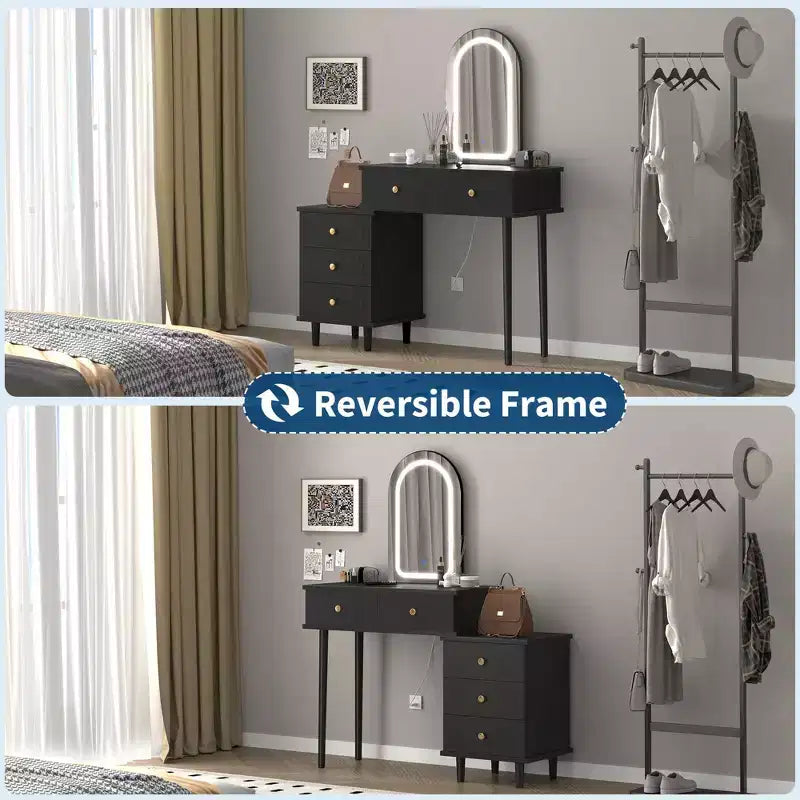 Makeup Vanity Desk with Mirror, Modern Vanity Table, 2 Drawers & Adjustable 3-Drawer Cabinet, for Bedroom