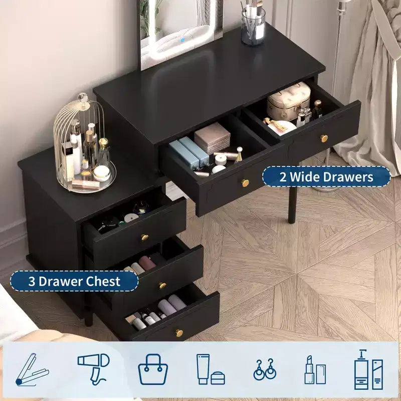 Makeup Vanity Desk with Mirror, Modern Vanity Table, 2 Drawers & Adjustable 3-Drawer Cabinet, for Bedroom