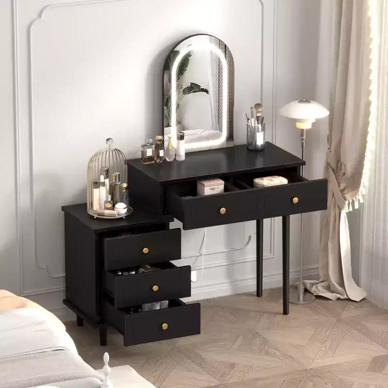 Makeup Vanity Desk with Mirror, Modern Vanity Table, 2 Drawers & Adjustable 3-Drawer Cabinet, for Bedroom