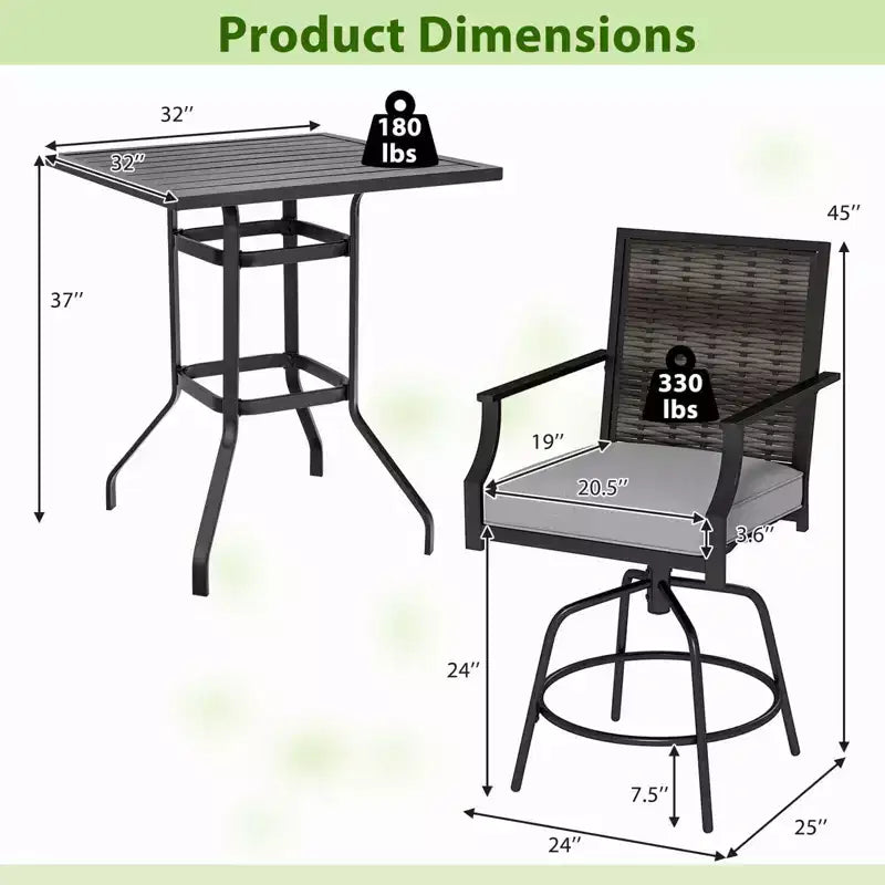 Costway 3 Pieces Outdoor Swivel Bar Set,High Top Patio Bar Table and Rattan Wicker Chair