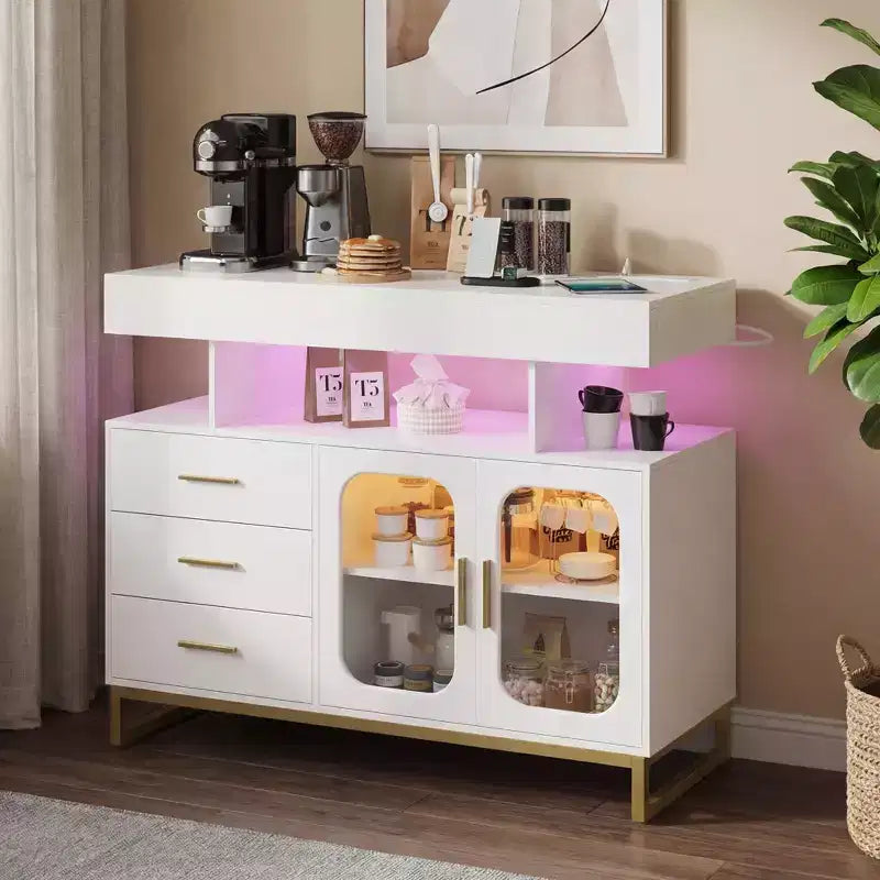 Modern Sideboard Buffet Cabinet with Auto-Sensor Lights & Built-in Charging Station, 3 Drawers & 2 Doors Storage Table for Dining Room, Kitchen