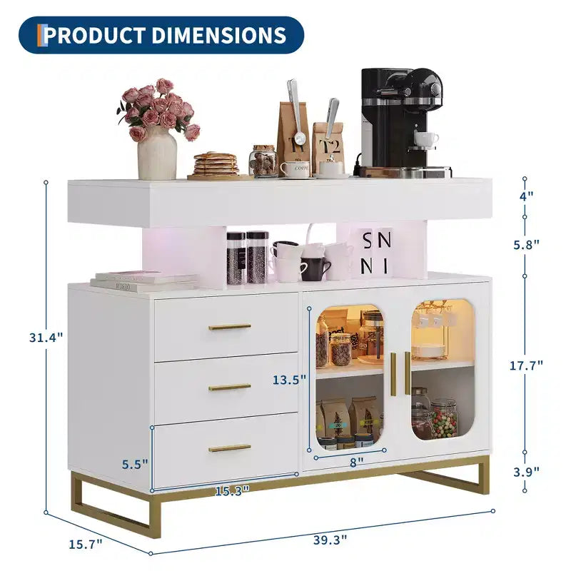Modern Sideboard Buffet Cabinet with Auto-Sensor Lights & Built-in Charging Station, 3 Drawers & 2 Doors Storage Table for Dining Room, Kitchen