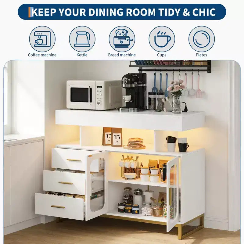 Modern Sideboard Buffet Cabinet with Auto-Sensor Lights & Built-in Charging Station, 3 Drawers & 2 Doors Storage Table for Dining Room, Kitchen