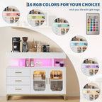Modern Sideboard Buffet Cabinet with Auto-Sensor Lights & Built-in Charging Station, 3 Drawers & 2 Doors Storage Table for Dining Room, Kitchen