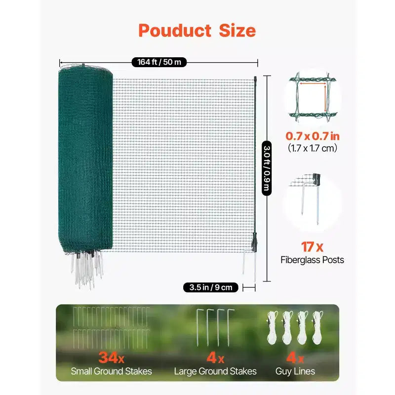 VEVOR Temporary Fence with Posts, 3 x 164 FT Plastic Mesh Fencing, Garden Safety Fences Netting with Double-Spike Stakes & Guy Ropes,Green