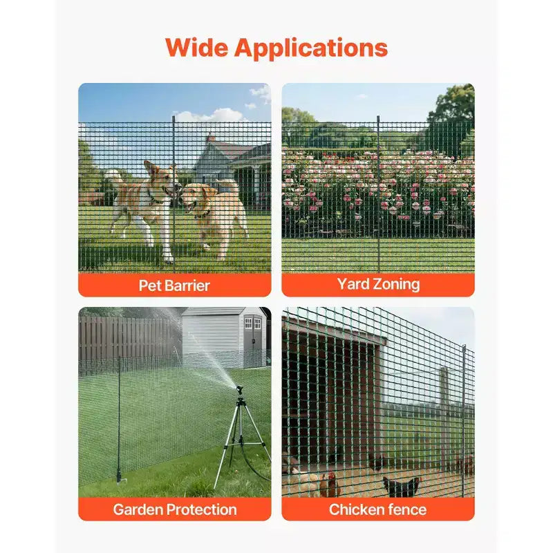 VEVOR Temporary Fence with Posts, 3 x 164 FT Plastic Mesh Fencing, Garden Safety Fences Netting with Double-Spike Stakes & Guy Ropes,Green