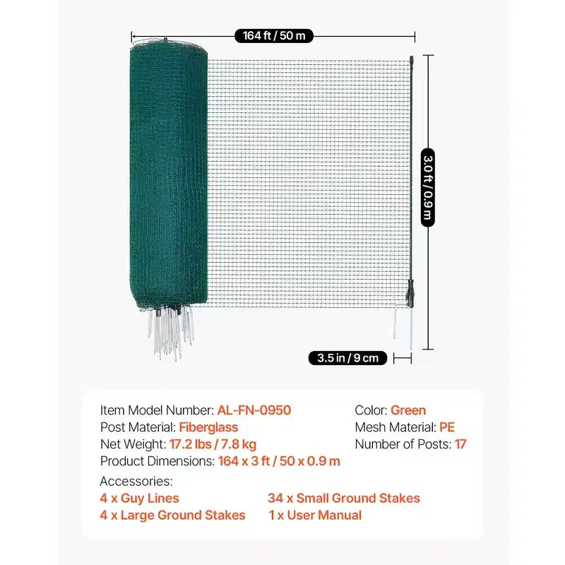 VEVOR Temporary Fence with Posts, 3 x 164 FT Plastic Mesh Fencing, Garden Safety Fences Netting with Double-Spike Stakes & Guy Ropes,Green