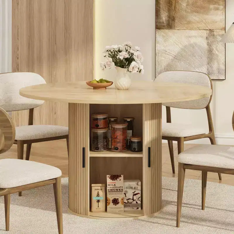 47-Inch Round Dining Table for 4, 2-Layer Storage Shelf with Wood Slide Door Kitchen Table for Home Dining Living Room