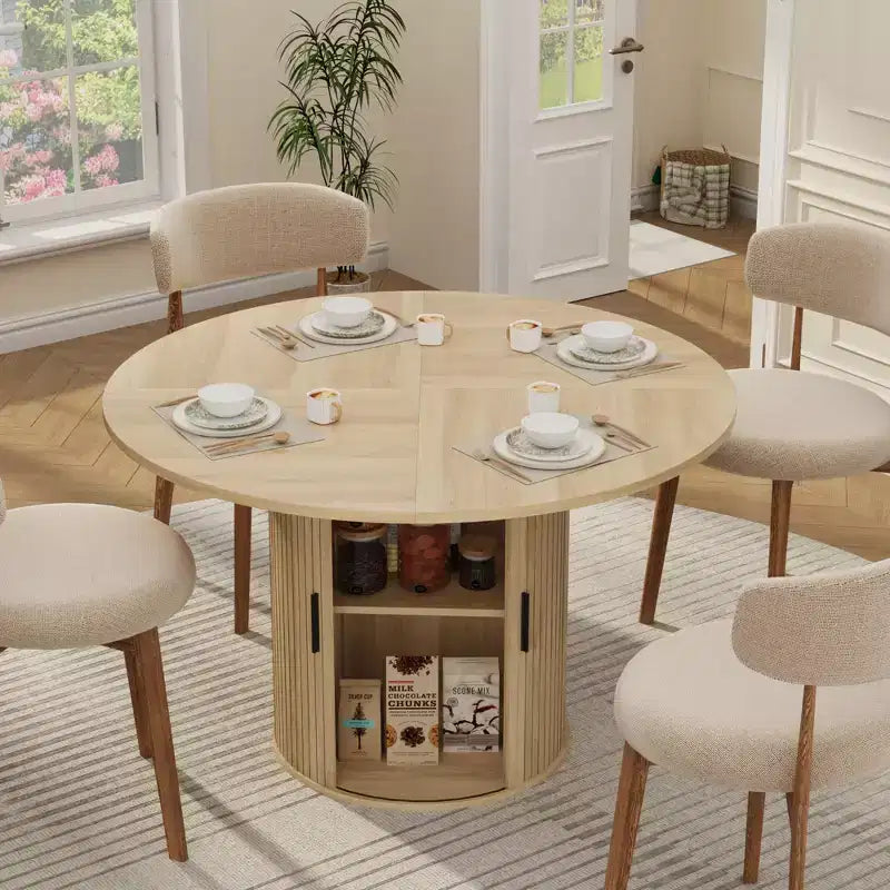 47-Inch Round Dining Table for 4, 2-Layer Storage Shelf with Wood Slide Door Kitchen Table for Home Dining Living Room