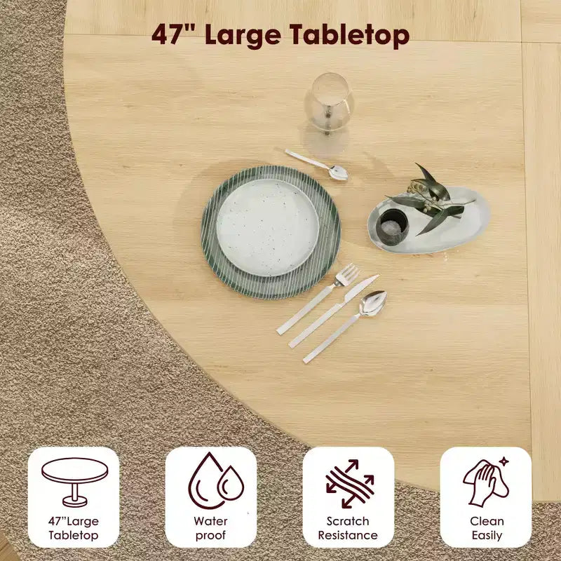 47-Inch Round Dining Table for 4, 2-Layer Storage Shelf with Wood Slide Door Kitchen Table for Home Dining Living Room