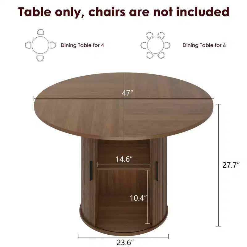 47-Inch Round Dining Table for 4, 2-Layer Storage Shelf with Wood Slide Door Kitchen Table for Home Dining Living Room