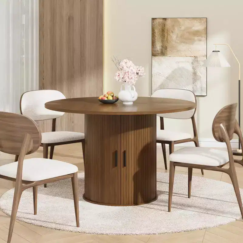 47-Inch Round Dining Table for 4, 2-Layer Storage Shelf with Wood Slide Door Kitchen Table for Home Dining Living Room