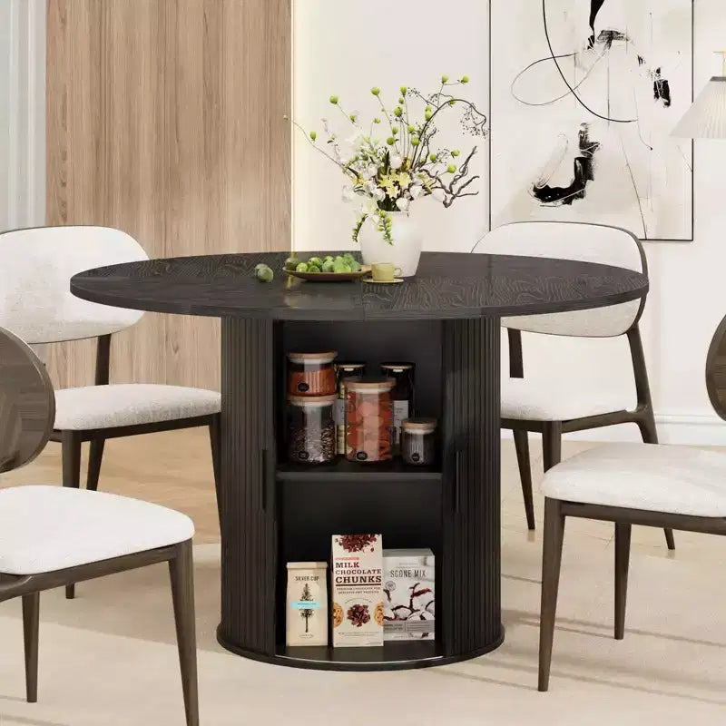 47-Inch Round Dining Table for 4, 2-Layer Storage Shelf with Wood Slide Door Kitchen Table for Home Dining Living Room