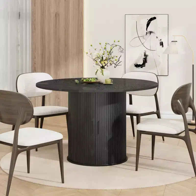 47-Inch Round Dining Table for 4, 2-Layer Storage Shelf with Wood Slide Door Kitchen Table for Home Dining Living Room