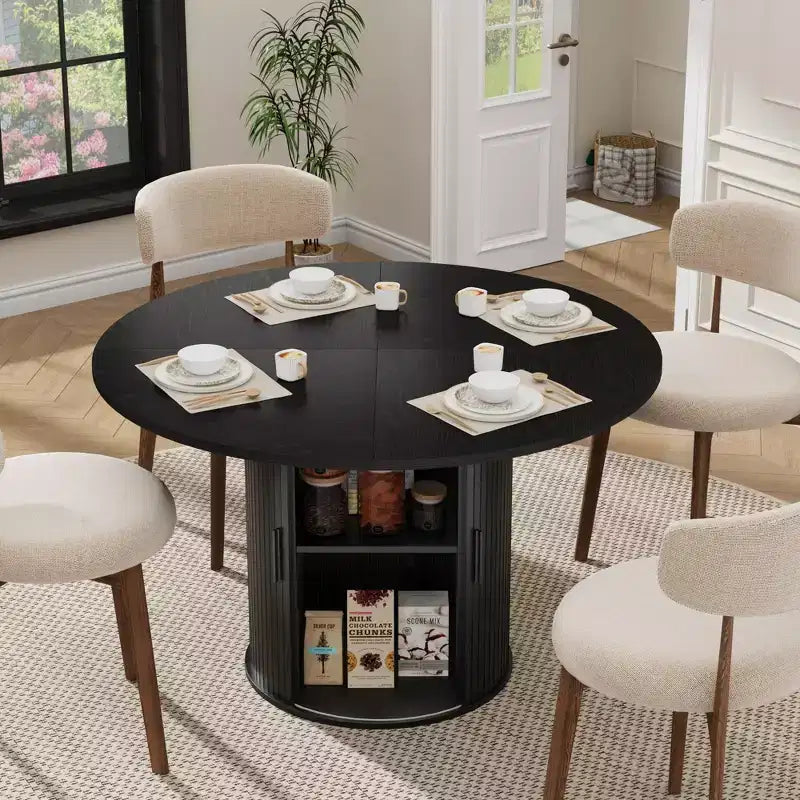 47-Inch Round Dining Table for 4, 2-Layer Storage Shelf with Wood Slide Door Kitchen Table for Home Dining Living Room