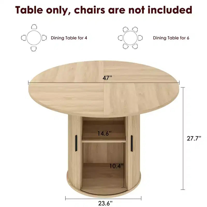 47-Inch Round Dining Table for 4, 2-Layer Storage Shelf with Wood Slide Door Kitchen Table for Home Dining Living Room