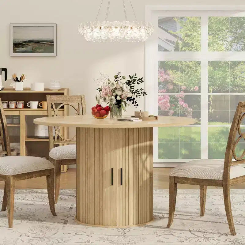 47-Inch Round Dining Table for 4, 2-Layer Storage Shelf with Wood Slide Door Kitchen Table for Home Dining Living Room