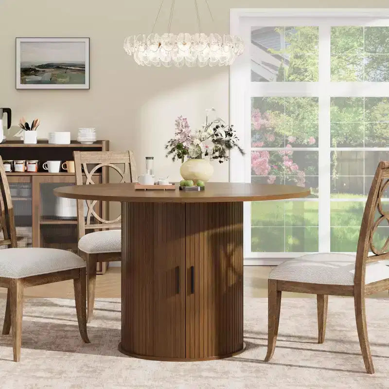 47-Inch Round Dining Table for 4, 2-Layer Storage Shelf with Wood Slide Door Kitchen Table for Home Dining Living Room