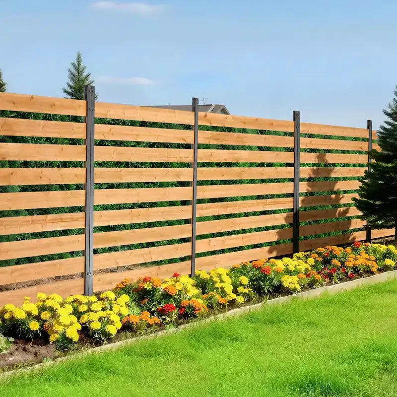 VEVOR Wooden Privacy Fence, 48 x 49 x 28 inch Air Conditioner Fence, 2 Panel Solid Outdoor Wood Privacy Screen with Metal Stakes, Steel Frame, Brown