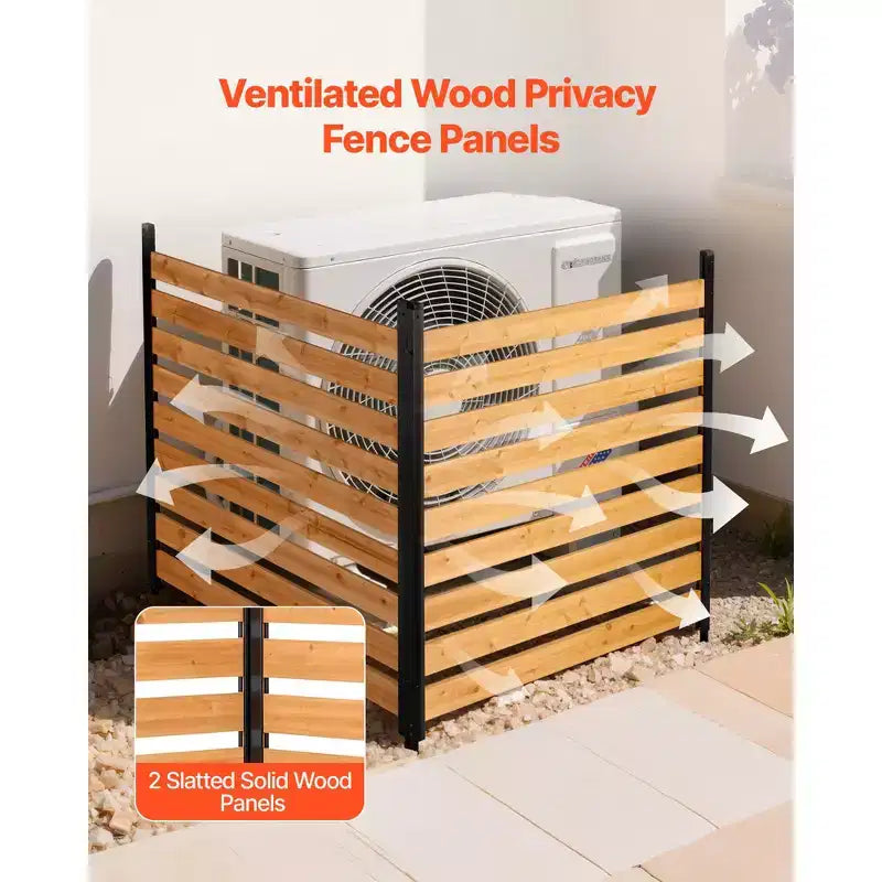 VEVOR Wooden Privacy Fence, 48 x 49 x 28 inch Air Conditioner Fence, 2 Panel Solid Outdoor Wood Privacy Screen with Metal Stakes, Steel Frame, Brown