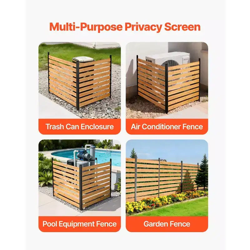 VEVOR Wooden Privacy Fence, 48 x 49 x 28 inch Air Conditioner Fence, 2 Panel Solid Outdoor Wood Privacy Screen with Metal Stakes, Steel Frame, Brown