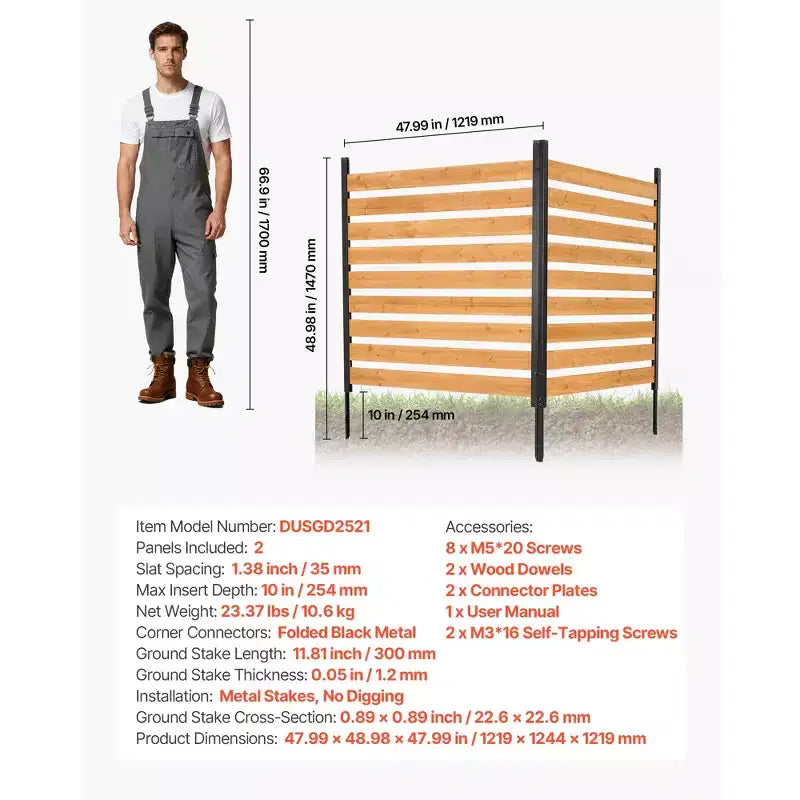 VEVOR Wooden Privacy Fence, 48 x 49 x 28 inch Air Conditioner Fence, 2 Panel Solid Outdoor Wood Privacy Screen with Metal Stakes, Steel Frame, Brown