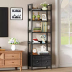 6 Tier Industrial Tall Bookcase with Two Storage Drawers Wood Metal Freestanding Bookshelf Display Organizer Shelf for Home Office Bedroom Black Oak