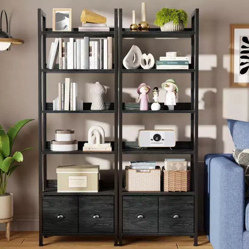 6 Tier Industrial Tall Bookcase with Two Storage Drawers Wood Metal Freestanding Bookshelf Display Organizer Shelf for Home Office Bedroom Black Oak