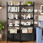 6 Tier Industrial Tall Bookcase with Two Storage Drawers Wood Metal Freestanding Bookshelf Display Organizer Shelf for Home Office Bedroom Black Oak