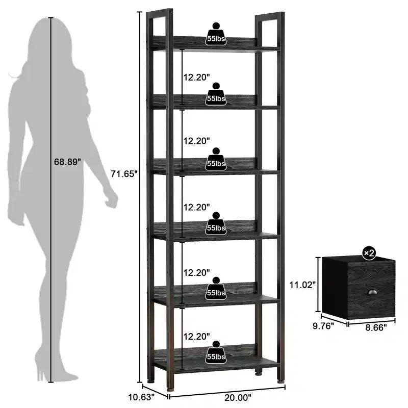 6 Tier Industrial Tall Bookcase with Two Storage Drawers Wood Metal Freestanding Bookshelf Display Organizer Shelf for Home Office Bedroom Black Oak