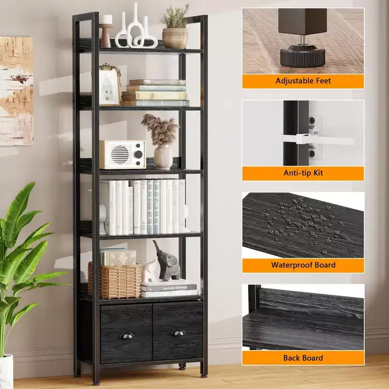 6 Tier Industrial Tall Bookcase with Two Storage Drawers Wood Metal Freestanding Bookshelf Display Organizer Shelf for Home Office Bedroom Black Oak