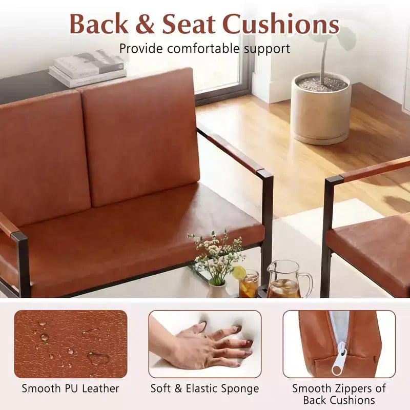 Costway Modern Loveseat Sofa,2-Seater Sofa with Solid Metal Frame & Removable Back Cushions Brown/Gray + Black