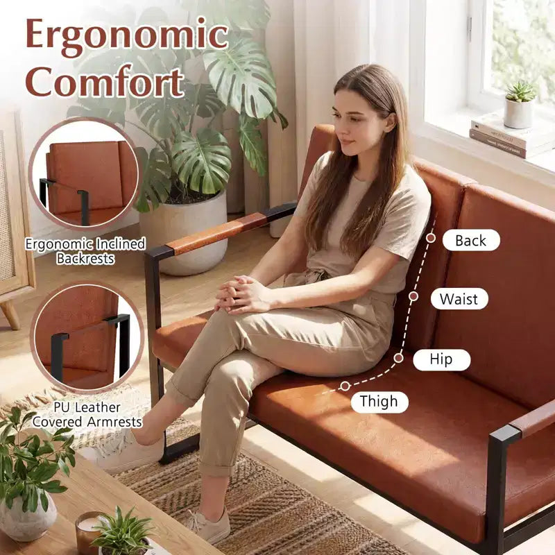 Costway Modern Loveseat Sofa,2-Seater Sofa with Solid Metal Frame & Removable Back Cushions Brown/Gray + Black