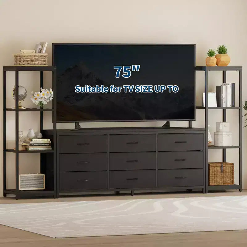 TV Stand for TVs up to 75-inch,Industrial Entertainment Center with 6 Fabric Drawers&Two 4-Tier Storage Shelves,Media Console for Living Room&Bedroom