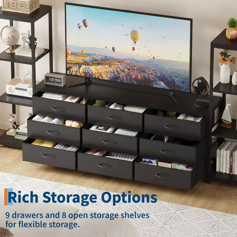 TV Stand for TVs up to 75-inch,Industrial Entertainment Center with 6 Fabric Drawers&Two 4-Tier Storage Shelves,Media Console for Living Room&Bedroom