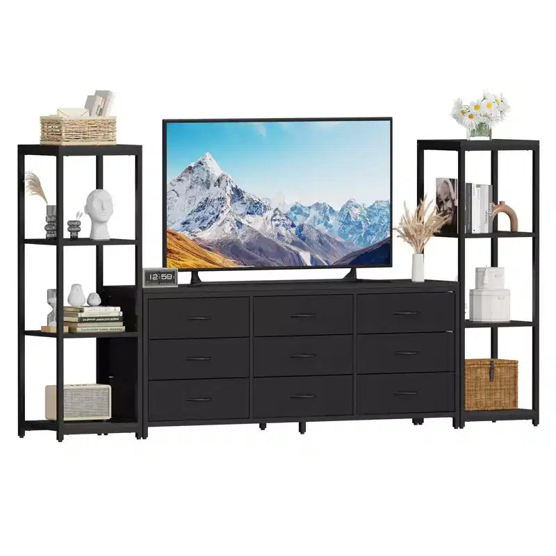 TV Stand for TVs up to 75-inch,Industrial Entertainment Center with 6 Fabric Drawers&Two 4-Tier Storage Shelves,Media Console for Living Room&Bedroom
