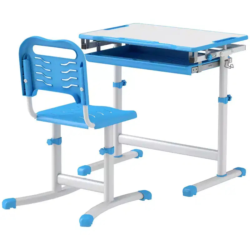 Qaba Kids Desk and Chairs Set, Height Adjustable Children School Study Desk with Tilt Desktop, Storage Drawer, Pen Slot, Hook