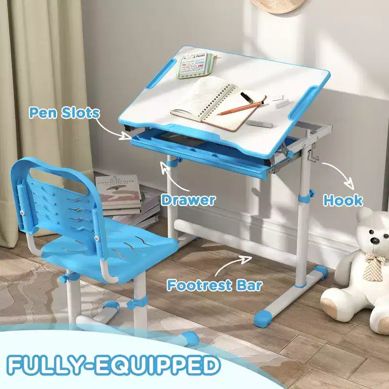 Qaba Kids Desk and Chairs Set, Height Adjustable Children School Study Desk with Tilt Desktop, Storage Drawer, Pen Slot, Hook