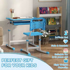 Qaba Kids Desk and Chairs Set, Height Adjustable Children School Study Desk with Tilt Desktop, Storage Drawer, Pen Slot, Hook