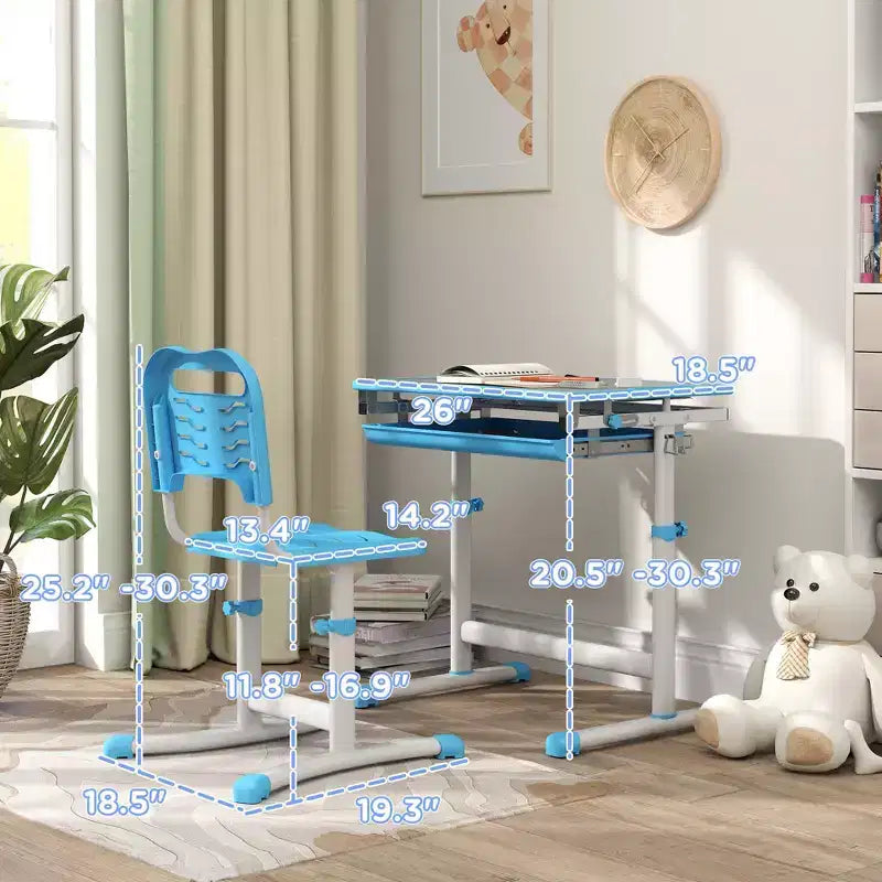 Qaba Kids Desk and Chairs Set, Height Adjustable Children School Study Desk with Tilt Desktop, Storage Drawer, Pen Slot, Hook