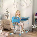 Qaba Kids Desk and Chairs Set, Height Adjustable Children School Study Desk with Tilt Desktop, Storage Drawer, Pen Slot, Hook