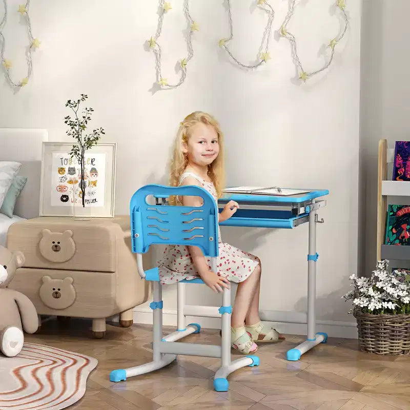 Qaba Kids Desk and Chairs Set, Height Adjustable Children School Study Desk with Tilt Desktop, Storage Drawer, Pen Slot, Hook