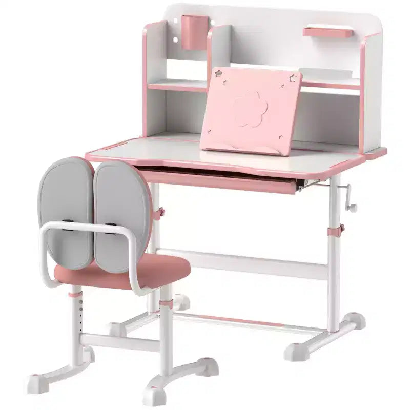 Qaba Kids Desk and Chair Set, Height Adjustable Kids School Study Desk and Chair Set with Tilt Desktop, Storage Drawer and Reading Rack, Pink